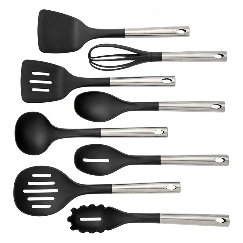 Hot Selling Nylon And Stainless Steel Handle Kitchen Utensils Set with Steel Holder